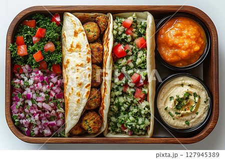 Falafel wrap, tabbouleh salad and hummus dip in a wooden lunch box. Middle Eastern lunch box. Falafel wrap, tabbouleh salad and hummus dip in a wooden lunch box. Middle Eastern lunch box. 127945389