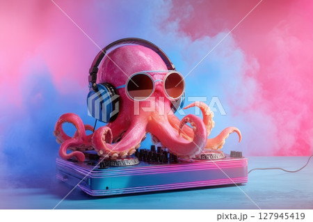 Pink octopus dj mixing music with sunglasses and headphones on colorful background Pink octopus dj mixing music with sunglasses and headphones on colorful background 127945419
