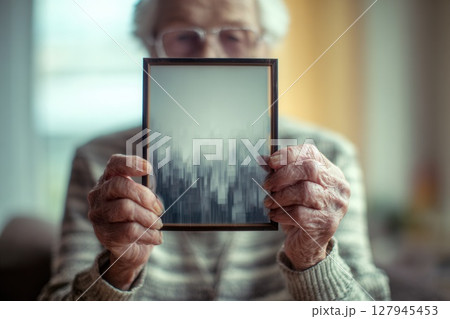 Elderly woman showing digital photo frame with abstract picture 127945453