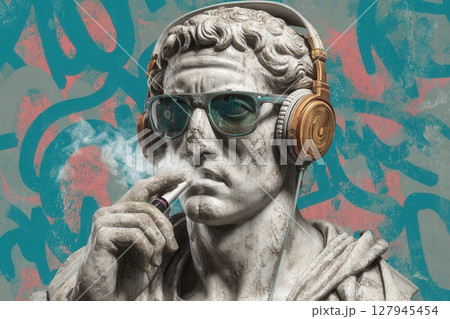 Roman bust wearing headphones and sunglasses smoking a cigarette 127945454