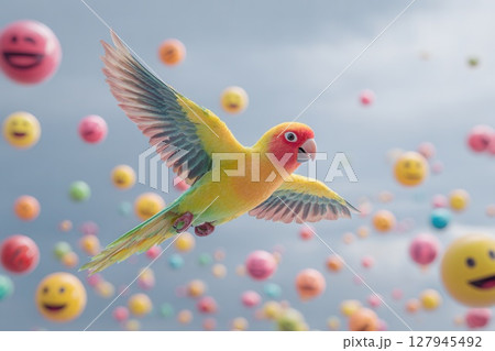 Colorful parrot flying through sky of emojis spreading happiness and joy Colorful parrot flying through sky of emojis spreading happiness and joy 127945492