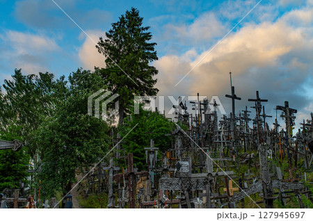 Hill of Crosses Kryziu kalnas, a famous site of pilgrimage in northern Lithuania. Hill of Crosses on clouds background Hill of Crosses Kryziu kalnas, a famous site of pilgrimage in northern Lithuania. Hill of Crosses on clouds background 127945697