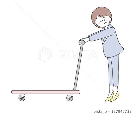台車を押しながら困っているスーツ姿の女性イラスト 127945738
