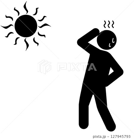熱中症に苦しむ人物のシルエットと強い日差しのイラスト 熱中症に苦しむ人物のシルエットと強い日差しのイラスト 127945793