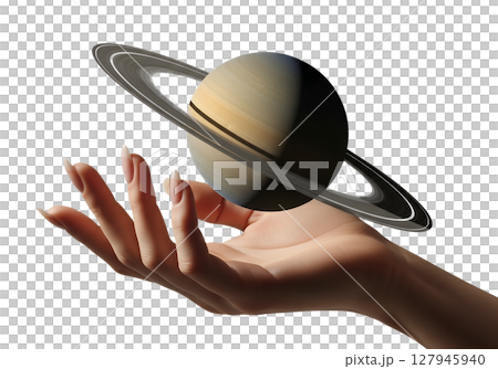 Saturn planet held in human hand, isolated on transparent background, cosmic fantasy, astronomy, sci-fi, and surreal concept 127945940