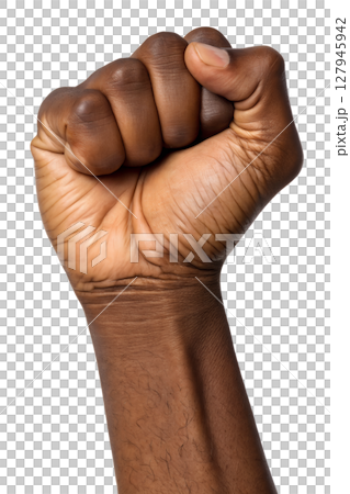 Clenched fist raised in protest or solidarity, isolated on transparent background, power, resistance, unity, activism, and strength symbol 127945942