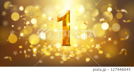 Sparkling golden number 1 surrounded by stars and bokeh lights. 127946045