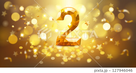 Sparkling golden number 2 surrounded by stars and bokeh lights. Sparkling golden number 2 surrounded by stars and bokeh lights. 127946046