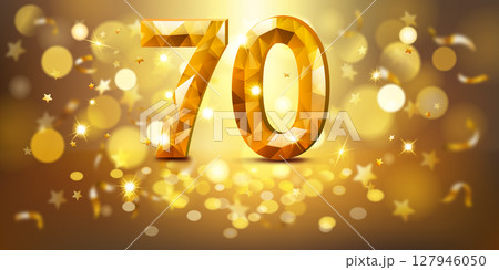 Sparkling golden number 70 surrounded by stars and bokeh lights. Sparkling golden number 70 surrounded by stars and bokeh lights. 127946050