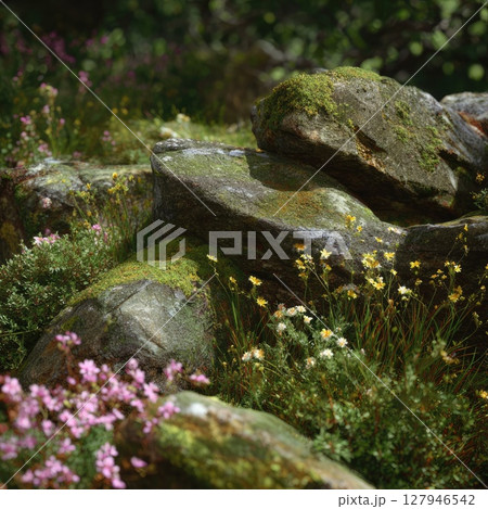 Moss-covered rocks surrounded by wildflowers in a serene natural setting Moss-covered rocks surrounded by wildflowers in a serene natural setting 127946542