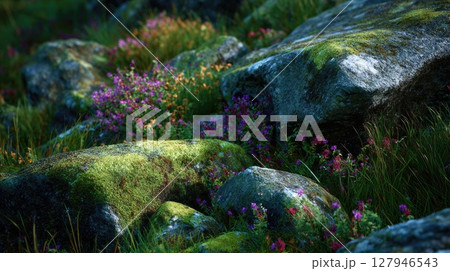 Bright wildflowers and moss-covered rocks as a stage for product demonstration Bright wildflowers and moss-covered rocks as a stage for product demonstration 127946543