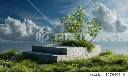 A natural stone platform on green grass with a tree nearby under a bright sky in daylight. For product demonstration 127946546