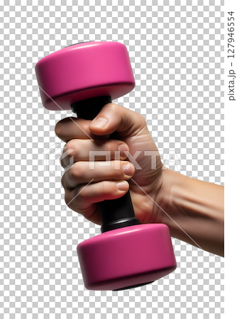 Hand holding pink dumbbell isolated on transparent background, women's fitness, home workout, strength training, gym equipment concept Hand holding pink dumbbell isolated on transparent background, women's fitness, home workout, strength training, gym equipment concept 127946554
