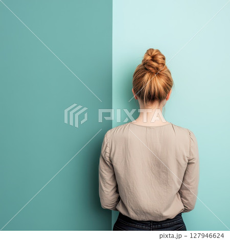 Woman by teal wall bun hairstyle 127946624