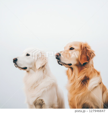 Two dogs posing together in a calm setting 127946647
