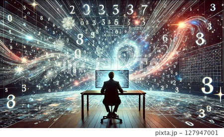 数のあふれるサイバーデジタル空間を操る男の後ろ姿 AI人工知能イラスト 数のあふれるサイバーデジタル空間を操る男の後ろ姿 AI人工知能イラスト 127947001