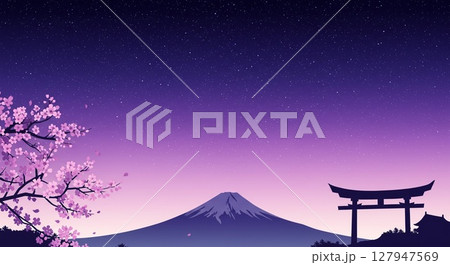 富士山と満開の桜、そして鳥居、柔らかな紫のグラデーションの夜空 127947569