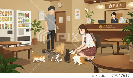 ホテルのロビーで猫と触れ合う女性、旅の癒しのひととき ホテルのロビーで猫と触れ合う女性、旅の癒しのひととき 127947637