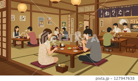 穏やかな雰囲気の和食屋で、夫婦で美食を堪能する 127947638