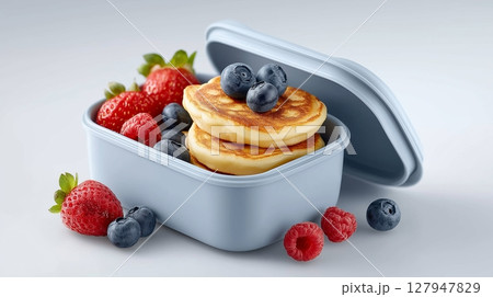 Delicious pancakes with fresh berries in a stylish lunch container 127947829