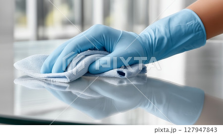 Cleaning surface with a blue cloth in a bright, modern space 127947843