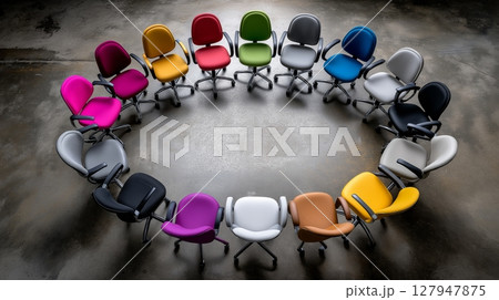 Colorful office chairs arranged in a circle in a modern workspace setting 127947875