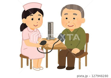 高齢者の血圧を測る看護師のイラスト 127948280
