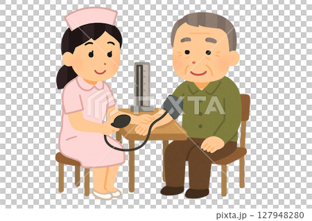 高齢者の血圧を測る看護師のイラスト 127948280