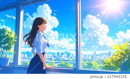 夏の入道雲が見える会社のオフィスで休む20代の日本人OL　ビジネス 127948326