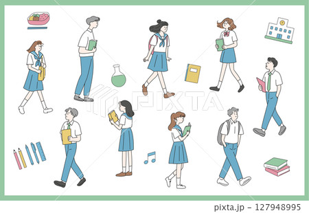 夏服の全身学生イラストセット 127948995