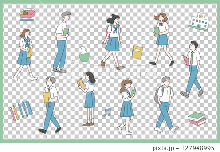 夏服の全身学生イラストセット 127948995