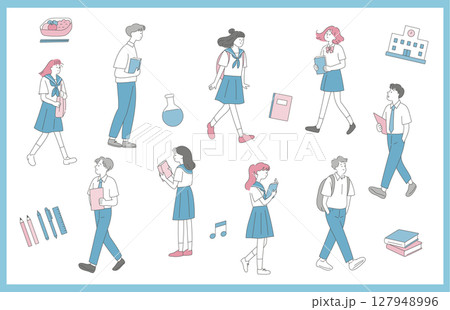夏服の全身学生イラストセット 127948996