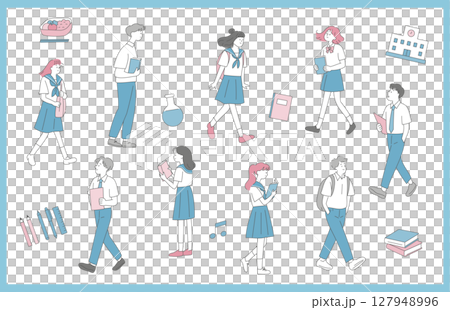 夏服の全身学生イラストセット 127948996