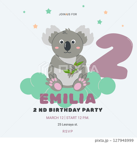 Invitation childrens birthday party with cute koala and number. Celebration second birthday. Greeting card template for children. Vector illustration. Invitation childrens birthday party with cute koala and number. Celebration second birthday. Greeting card template for children. Vector illustration. 127948999