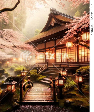 春霞の境内 − 灯りに照らされる桜の庭 127949007