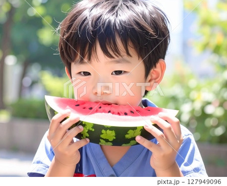 スイカを食べる男の子　イラスト 127949096