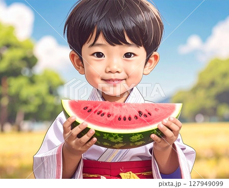 スイカを食べる男の子　イラスト 127949099