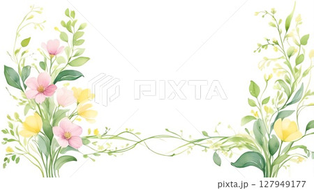 水彩風の黄緑とピンクの葉っぱフレーム｜装飾テンプレート素材 127949177