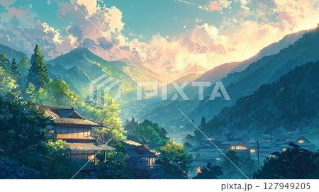 山々に囲まれた日本の里山、夕焼けに染まる 127949205