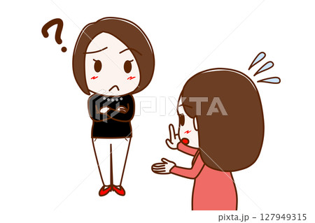 （複数）はてなと疑問に思い困惑する女性と一生懸命焦りながら説明する女性 127949315