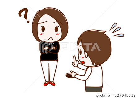 (複数)はてなと疑問に思い困惑する女性と一生懸命焦りながら説明する男性 (複数)はてなと疑問に思い困惑する女性と一生懸命焦りながら説明する男性 127949318