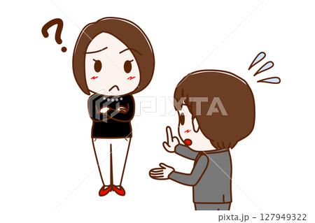 （複数）はてなと疑問に思い困惑する女性と一生懸命焦りながら説明する男子学生 127949322