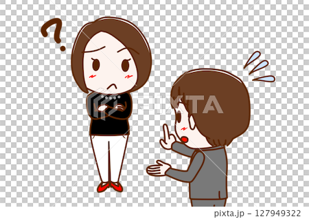 （複数）はてなと疑問に思い困惑する女性と一生懸命焦りながら説明する男子学生 127949322
