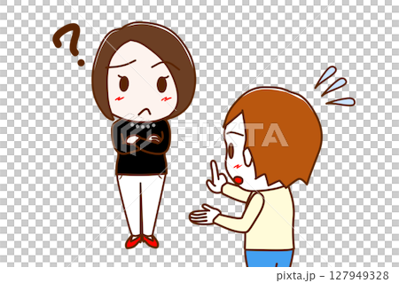 （複数）はてなと疑問に思い困惑する女性と一生懸命焦りながら説明する白人男性 127949328