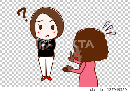 （複数）はてなと疑問に思い困惑する女性と一生懸命焦りながら説明するアフリカ系女性 127949329