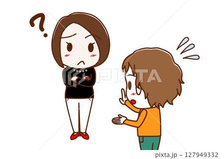 （複数）はてなと疑問に思い困惑する女性と一生懸命焦りながら説明する白人少年 127949332