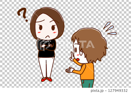 （複数）はてなと疑問に思い困惑する女性と一生懸命焦りながら説明する白人少年 127949332