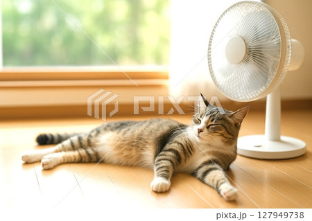 猫の日常　夏を乗り切る猫たち　扇風機で涼む 127949738