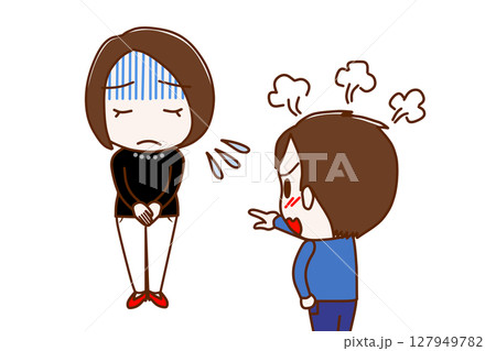 （複数）真っ青になって謝罪する女性とカンカンに怒りながら怒鳴り責める少年 127949782