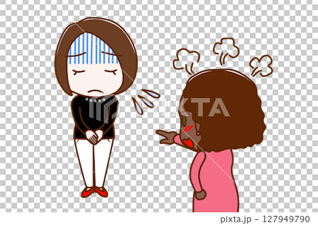 （多人）一名女子臉色蒼白地道歉，另一名非裔美國女子怒不可遏，對他們大喊大叫 127949790